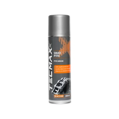 Wyświetlana jest puszka w sprayu o pojemności 200 ml smaru Tecmaxx PTFE. Na etykiecie widnieje obraz metalowego łańcuszka z pomarańczowymi grafikami i szczegółami produktu na froncie.