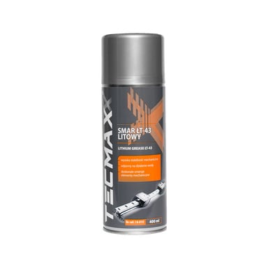 Puszka smaru Tecmaxx Lithium o pojemności 400 ml z szarą i pomarańczową etykietą z informacjami o produktie. Pionowa puszka jest wykończona szarą nakrętką.