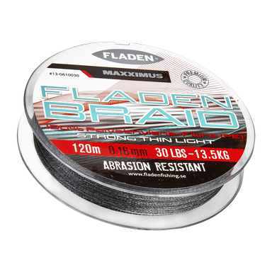 Szpula żyłki wędkarskiej Fladen Maxximus Braid Grey, o długości 120 metrów i grubości 0,16 mm, o wytrzymałości 30 lbs (13,5 kg). Etykieta podkreśla konstrukcję z włókna polietylenowego oraz właściwości odporne na ścieranie.