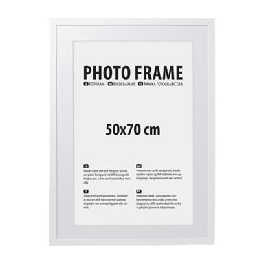 En hvit rektangulær bilderamme fra No brand EMW med trykt tekst på den indre plassholderen som viser størrelsen 50x70 cm og inkluderer beskrivelser av rammen og passe-partouten.