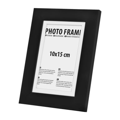 En svart rektangulær bilderamme fra No brand EMW vises med et sentralt plassholderpapir med tekst og målene 10x15 cm. Rammen er vinklet litt mot venstre.