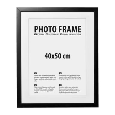 No brand EMW:n valokuvakehys, jossa on musta reuna ja valkoinen matto, jossa näkyy teksti PHOTO FRAME 40x50 cm sekä erilaisia tuotetietoja kehyksen sisällä olevassa väliaikaisessa insertissä.