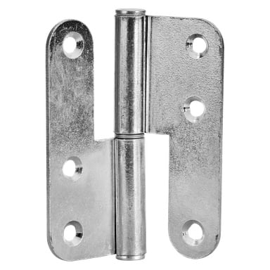 Silver Hard Head Lift-off-gångjärn för vänsterdörrar, med sex skruvhål, cylindrisk pivot och platta plattor för montering.
