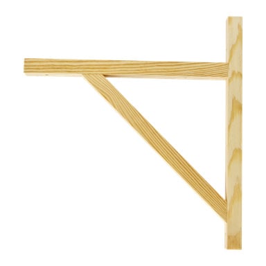En trebrakett fra Hard Head består av tre deler: en vertikal del, en horisontal arm og en diagonal støtte som forbinder dem. Det lyse treverket som brukes i alle seksjoner viser tydelige naturlige årringmønstre.