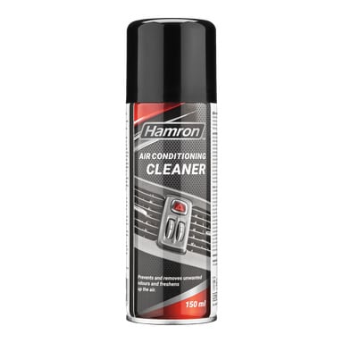En 150 ml Hamron AC-rengöringsburk med svart lock. Etiketten visar Hamron-logotypen, en bild på en billuftventil och text som säger att den eliminerar obehagliga lukter och fräschar upp luften.
