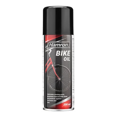 En 200 ml Hamron Cycle Oil-burk med svart lock. Den röda, svarta och silverfärgade etiketten visar en cykelhjulsillustration och listar smörjning, korrosionsskydd och rostskydd bland sina funktioner.