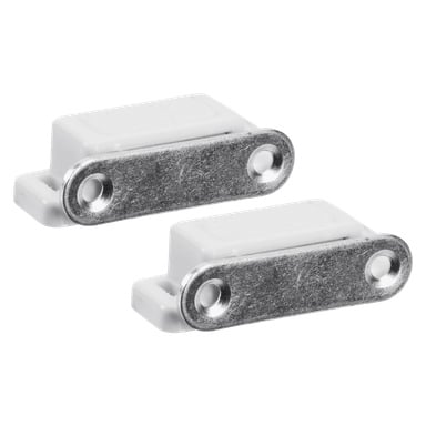 To hvite plast Hard Head Single magnetiske låser med metalliske monteringsplater og to skruehull er hver justert parallelt med hverandre.
