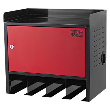 Et svart og rødt stålveggskap fra Meec Tools med låsbar dør, fire rom nederst og ventilasjonshull på sidene. Designet for effektiv lagring og organisering av verktøy eller utstyr.