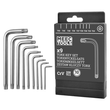 Torx-jakoavainsarja, 9 kappaletta Meec Toolsilta, esillä mustan pakkauksen vieressä, jossa on merkitty T10–T50 tuotetietojen ja -tietojen kanssa.