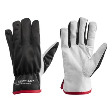 Ein Paar Bluewear-Arbeitshandschuhe mit schwarzem Stoff auf dem Rücken, weißen Lederhandflächen und rotem Besatz an den Handgelenken. Ein Handschuh wird mit der Handfläche nach oben und der andere mit der Handfläche nach unten gezeigt.