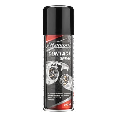 En 200 ml Hamron kontaktsprayburk med svart lock, märkt för rengöring av elektronik, eliminering av fukt och skydd mot kontaktfel och korrosion.