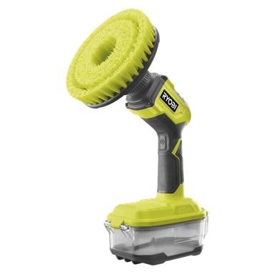 Ryobi One+ Rotating Wash Brush R18CPS-0 on kirkkaan keltainen ja musta johdoton sähköpesulaite, jossa on suuri pyöreä harjasharja ja kirkas pesuainekammio pohjassa.