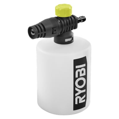 Ryobi One+ kjemisk beholder (RAC748) for mellomstore høytrykksspyler med hvit kropp, gul hette og svart dyse, designet for å feste og dosere såpe eller skum under høytrykksspyling.