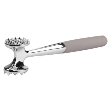 Solidny metalowy miękcznik mięsa od Menuett, zaprojektowany z wygodną teksturą rękojeści i dwoma głowicami, każda wyposażona w kolczaste powierzchnie umożliwiające łatwe tłuczenie i zmiękczanie mięsa.
