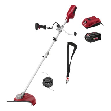 En röd och silverfärgad Meec Tools Multiseries 40 V borstskärare med sladdlös design, visad med blad- och snördspolfästen, axelrem, batteri och laddare.