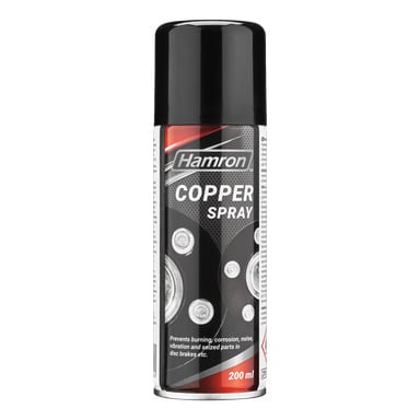 Puszka Hamron Copper Spray o pojemności 200 ml z czarną nakrętką. Według etykiety, został zaprojektowany tak, aby zapobiegać spaleniom, korozji, hałasowi, wibracjom i zatarciom w takich elementach jak hamulce tarczowe.