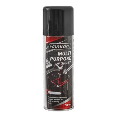 En 200 ml Hamron flerbruks sprayboks med svart kork. Etiketten viser illustrasjoner av verktøy, en sykkel og gir, og fremhever bruken som smøremiddel og rustfjerner for ulike mekaniske deler.