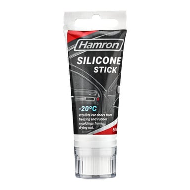 Pokazano 50 ml silikonowego patyczka Hamron, z opakowaniem przedstawiającym ilustrację drzwi samochodowych, która wskazuje, że zapobiega zamarzaniu drzwi samochodowych i wysychaniu gumowych uszczelek, pozostając skutecznym nawet w temperaturach do -20°C.
