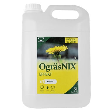 En 5-liters vit plastkanna med Tergent ogräsvinäger OgräsNIX, med en gul etikett och en bild på en maskros, appliceringsinstruktioner och en lapp som anger att den täcker cirka 25 kvadratmeter.