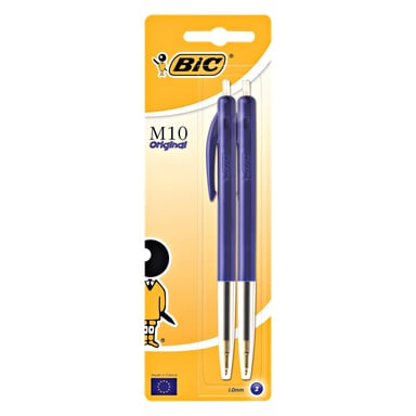 Dwa niebieskie długopisy BIC M10 z końcówkami 1,0 mm są zapakowane w żółto-białe plastikowe opakowanie, z logo BIC i małą maskotką kreskówkową w jednym rogu.