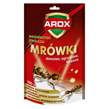 Czerwono-żółte pudełko Agrecol Ant Killer z wizerunkami mrówek i złotymi sześciokątami na froncie. Opakowanie podkreśla jego skuteczność, łatwość obsługi i wskazuje, że jest przeznaczony dla mrówek domowych, ogrodowych i faraońskich. Widoczna jest etykieta 100g.