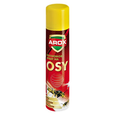 Czerwono-żółta puszka aerozolu oznaczona jako Agrecol jest pokazana jako spray dla os, z obrazami os i wirującym grafikiem zdobiącym dolną połowę puszki.
