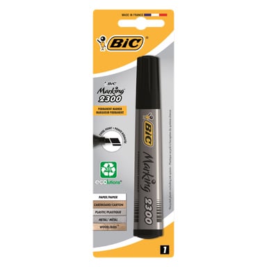Opakowanie Bic Marker 2300 jest pokazane z czarnym markerem dłuto w ekologicznym opakowaniu, co wskazuje, że jest przeznaczony do oznaczania na papierze, tekturze, plastiku, metalu i drewnie.
