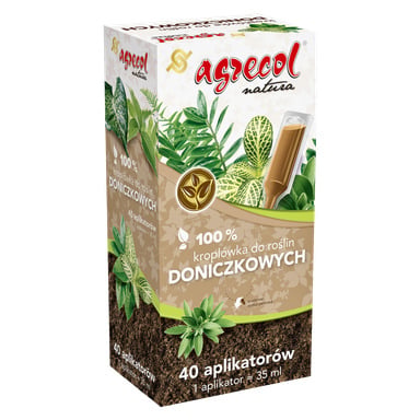 Pudełko kroplowych pasz Agrecol do roślin doniczowych, zawierające 40 aplikatorów. Opakowanie zawiera obrazy zielonych roślin oraz brązowy aplikator kroplowy, na którym wydrukowano informacje o produkcie.