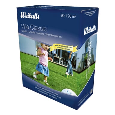 Ett blått paket med Weibulls Villa Classic-gräsfrön, markerat för att täcka 90–120 m², visar en bild av ett barn som går barfota på frodigt gräs och betonar premiumfrön från svenska odlare.