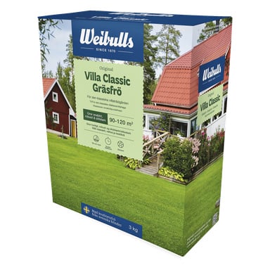 3 kg Weibulls Grass seeds Villa Classic -laatikko, jonka pakkauksessa on kuva vihreästä nurmikosta ja punaisesta talosta. Pakkauksen teksti kertoo, että se kattaa 90–120 m².