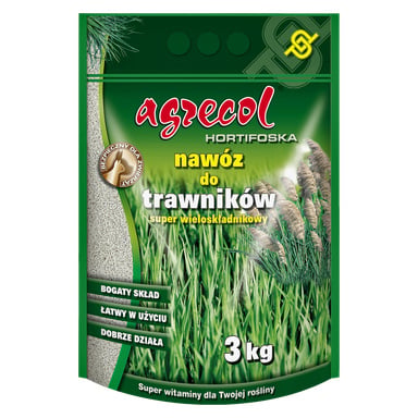 Worek nawozu Agrecol Lawn Fertilizer o wadze 3 kg oznaczony "nawóz do trawników", z zielonym opakowaniem ozdobionym obrazami trawy i najważniejszymi elementami produktów.