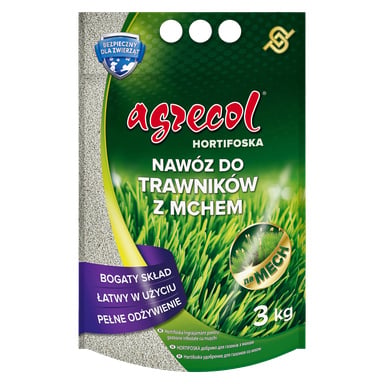 Worek nawozu Agrecol Lawn Fertilizer do trawy z mchem o wadze 3 kg, pokazujący zdjęcia żywej zielonej trawy, symbol bezpieczeństwa zwierząt oraz podkreślający korzyści, takie jak bogate składniki odżywcze i łatwość aplikacji.