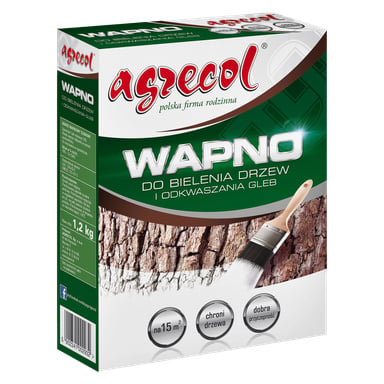Pudełko Agrecol Bark Protection do wybielania pni drzew i redukcji kwasowości gleby, zawierające szczegóły produktów, zdjęcie pnia drzewa oraz pędzel rozprowadzający białe wapno. Masa netto: 1,2 kg.