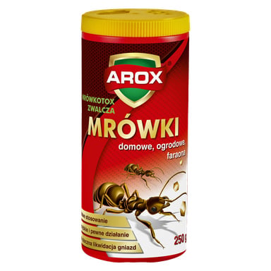 Czerwono-żółty pojemnik 250g proszku Agrecol Ant Killer z obrazkami mrówek i złotym tekstem na etykiecie. Opakowanie sprzyja szybkim efektom, efektywnemu niszczeniu gniazd oraz skutecznemu stosowaniu przeciwko mrówkom faraonowym zarówno w pomieszczeniach, jak i na zewnątrz.