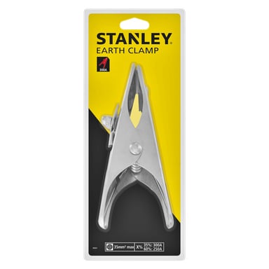 Srebrna zaciska na kabel powrotny Stanley stoi pionowo wewnątrz plastikowego opakowania ozdobionego na żółto i czarno, z logo Stanley umieszczonym na górze oraz poniżej przedstawionymi specyfikacjami technicznymi.