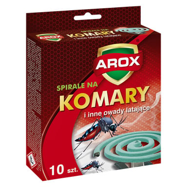 Czerwono-zielone pudełko Agrecol Mosquito Coils 10 Pack, oznaczone tak, by odstraszać komary i latające owady. Na opakowaniu widnieje zielona spiralna spirala wraz z ilustrowanymi komarami, co wskazuje, że zawiera 10 części.