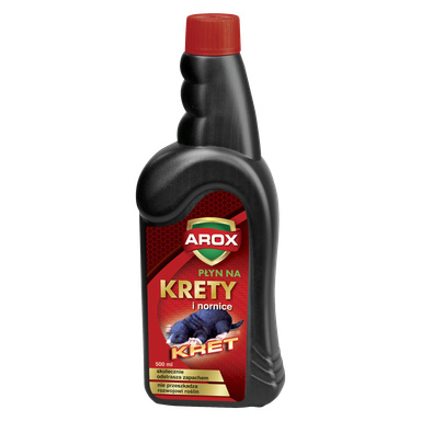 plastikowa butelka z czerwonym nakrętką oznaczona jako Agrecol Mole control. Etykieta 500 ml zawiera zdjęcie kreta i opisuje produkt jako płyn odstraszający krety i nornice.