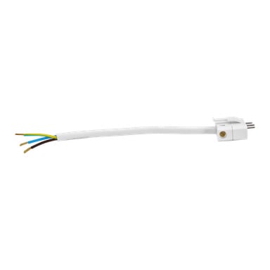 Anslut-sladdset: En treledad elektrisk kabel med exponerade kopparändar på ena sidan och en vit plastkontakt på den andra, placerad horisontellt.
