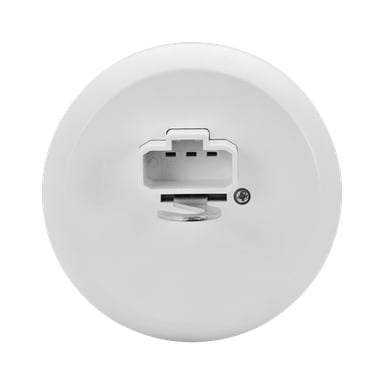 Et nærbilde av Anslut lampesokkel DCL, en sirkulær hvit elektronisk komponent med rektangulær port og en liten skrue synlig på fronten.