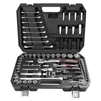 Black Meec Tools Socket Wrench Set (127 kappaletta) avoinna ja esittelee siististi jakoavaimia, räikköjä, hylsyjä, ruuvimeisselejä, jatkotankoja ja osia tiettyihin aukkoihin, jotka on kiinnitetty metallisilla lukkoilla.
