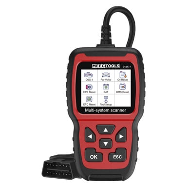 Przenośny czytnik kodów błędów Meec Tools OBD-II z kolorowym ekranem wyświetlającym opcje menu i ikony testów systemowych. Urządzenie posiada czarno-czerwoną obudowę, wiele przycisków nawigacyjnych oraz podłączony kabel złącza OBD-II.