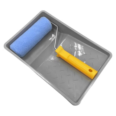 Das Hard Head Roller-Set besteht aus drei Teilen und enthält eine blaue Walze mit gelbem Griff und ein graues Schaukeltablett mit strukturierter Oberfläche zum Abrollen überschüssiger Farbe.