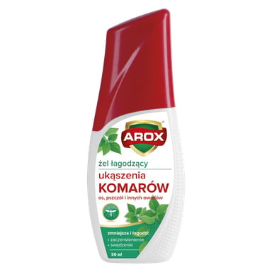 Butelka 50 ml żelu Agrecol Mosquit Repelent After Bite z czerwoną kapslą. Etykieta zawiera obrazy zielonych liści, rysunek komarów oraz tekst opisujący ulgę po ukąszeniu przez komary, osy, pszczoły i różne inne owady.