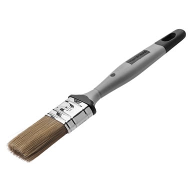 Eine Fassadenbürste mit grauem Griff, schwarzer Spitze, hellbraunen Borsten und silberner Ferrule. Der Griff trägt Hard Head.