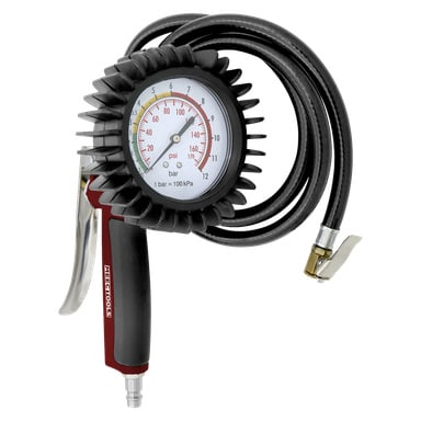Meec Tools däckinflator är utrustad med en tryckmätare, en spiralad svart luftslang runt mätaren, ett stadigt metallavtryckarhandtag och en mässingsklämma som är utformad för att fästa inflatorn vid däckventilerna. Mätaren visar tryckavläsningar i psi och bar.