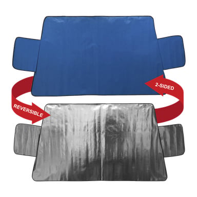 Hamrons Windschutzscheibenschutz ist mit einem wendbaren Design zu sehen, das auf einer Seite einen soliden blauen Stoff und auf der anderen Seite eine glänzende silberne reflektierende Oberfläche zeigt. Rote Pfeile zusammen mit Text betonen, dass der Farbton für verschiedene Zwecke umgedreht werden kann. Seitenklappen sind sichtbar, um den Schutz sicher an Ihrer Windschutzscheibe zu halten.