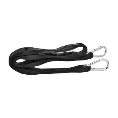 Kaksi mustaa Hamron Strap -kumista benji-nauhaa, joissa on reikiä pituudellaan ja hopeiset metallikarabiiniklipsit kummassakin päässä, kierrettyinä yhteen.