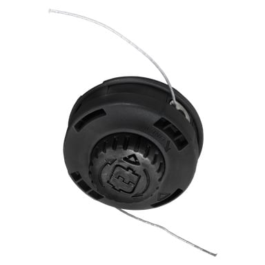 En svart plastspole från Meec Tools med två skärlinor som sticker ut, lämplig för användning i trimmare eller ogräsätare. Spolen har ventilerade sidor och en präglad logotyp på toppen.