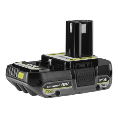 Ryobi One+ RB1820C 18V Lithium+ 2.0 Ah uppladdningsbart batteripaket med svart och grön design, rektangulär bas och en upprätt plats för anslutning till sladdlösa elverktyg.