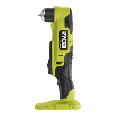 En gul och svart Ryobi One+ HP Brushless vinklad borrmaskin RAD18C-0 står upprätt i sidoprofil, utan batteri. Greppet och chucken visas tydligt.